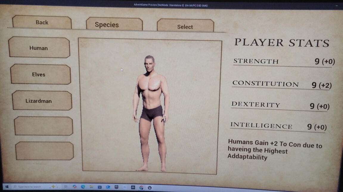 Character selection and stats menu screen